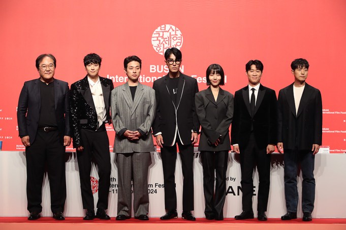 BUSAN, SOUTH KOREA - OCTOBER 02: (L to R) Director Kim Sang-man, Actors Gang Dong-won, Park Jeong-min, Cha Seung-won, Kim Shin-rock, Jin Sun-kyu and Jung Sung-il attend the press conference for 'Uprising', the opening film of the 29th Busan International Film Festival at Shinsegae Centum City Culture hall on October 02, 2024 in Busan, South Korea. (Photo by Chung Sung-Jun/Getty Images)