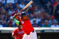 CLEVELAND, OHIO - SEPTEMBER 19: Jose Ramirez #11 of the Cleveland Guardians waits for a pitch in the fifth inning during a game against the Minnesota Twins at Progressive Field on September 19, 2024 in Cleveland, Ohio. (Photo by Brandon Sloter/Image Of Sport/Getty Images)