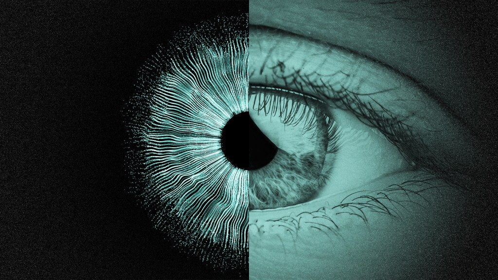 Photo illustration where one half is a digital eye, and the other half is a human eye