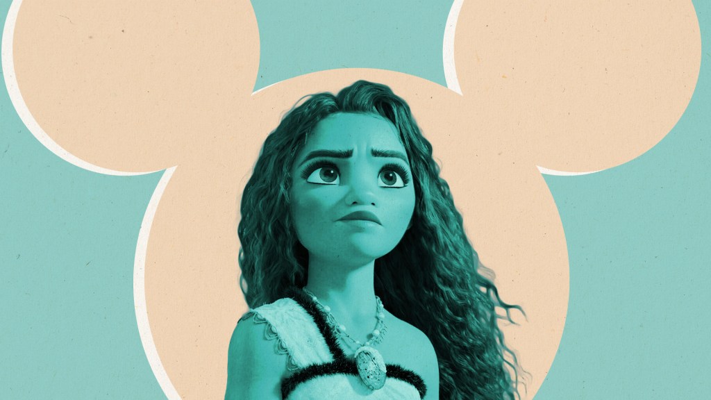 Moana from "Moana 2" standing in front of the Disney logo