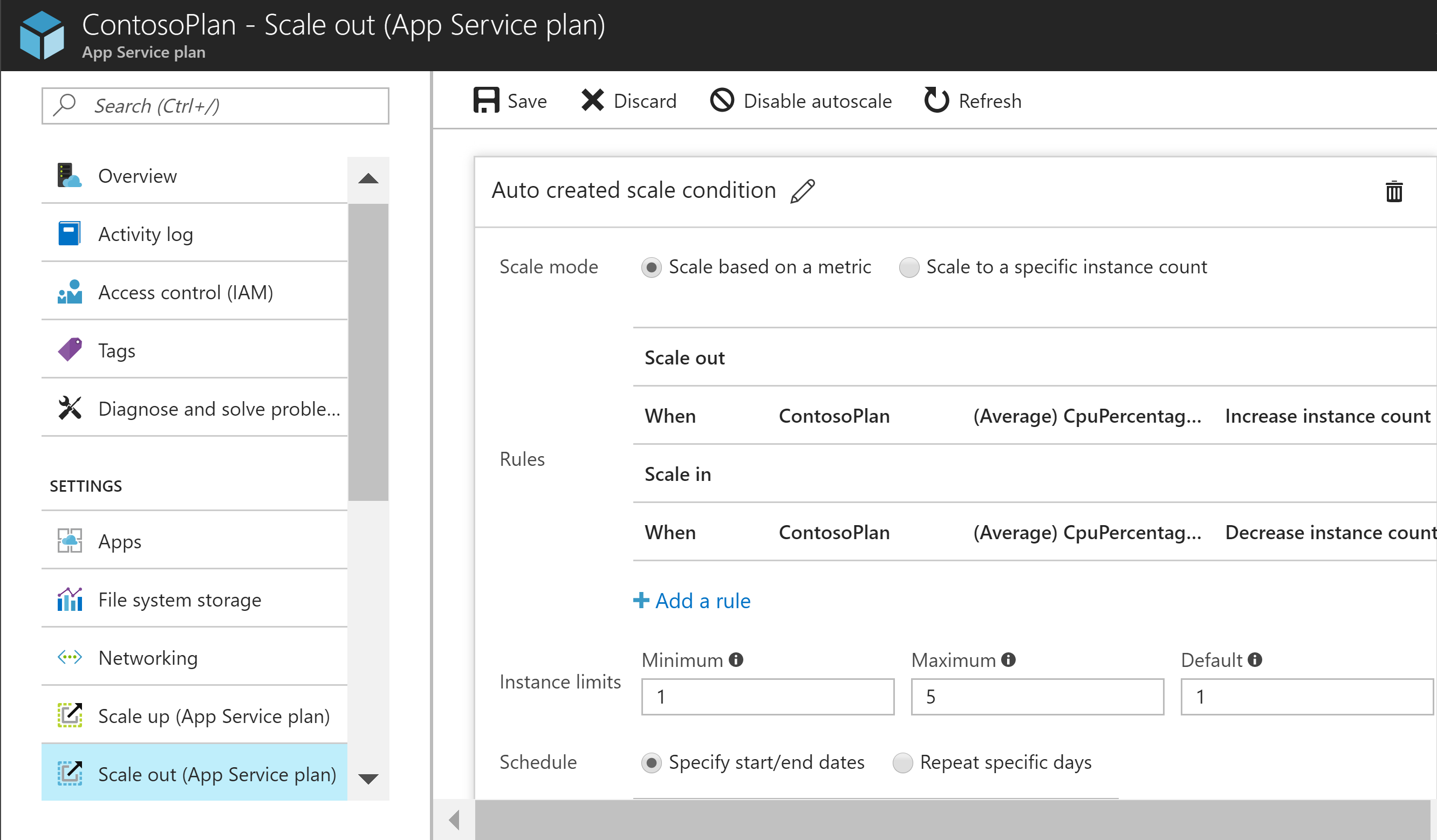 Screenshot of Scale out App Service plan