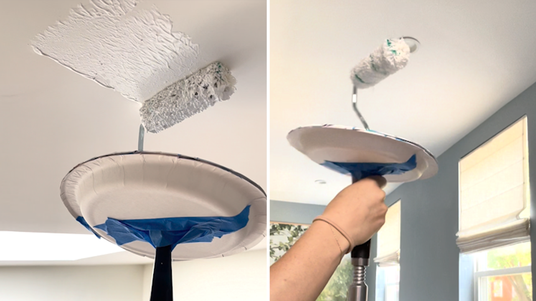 Paint ceilings without mess using party supply hack