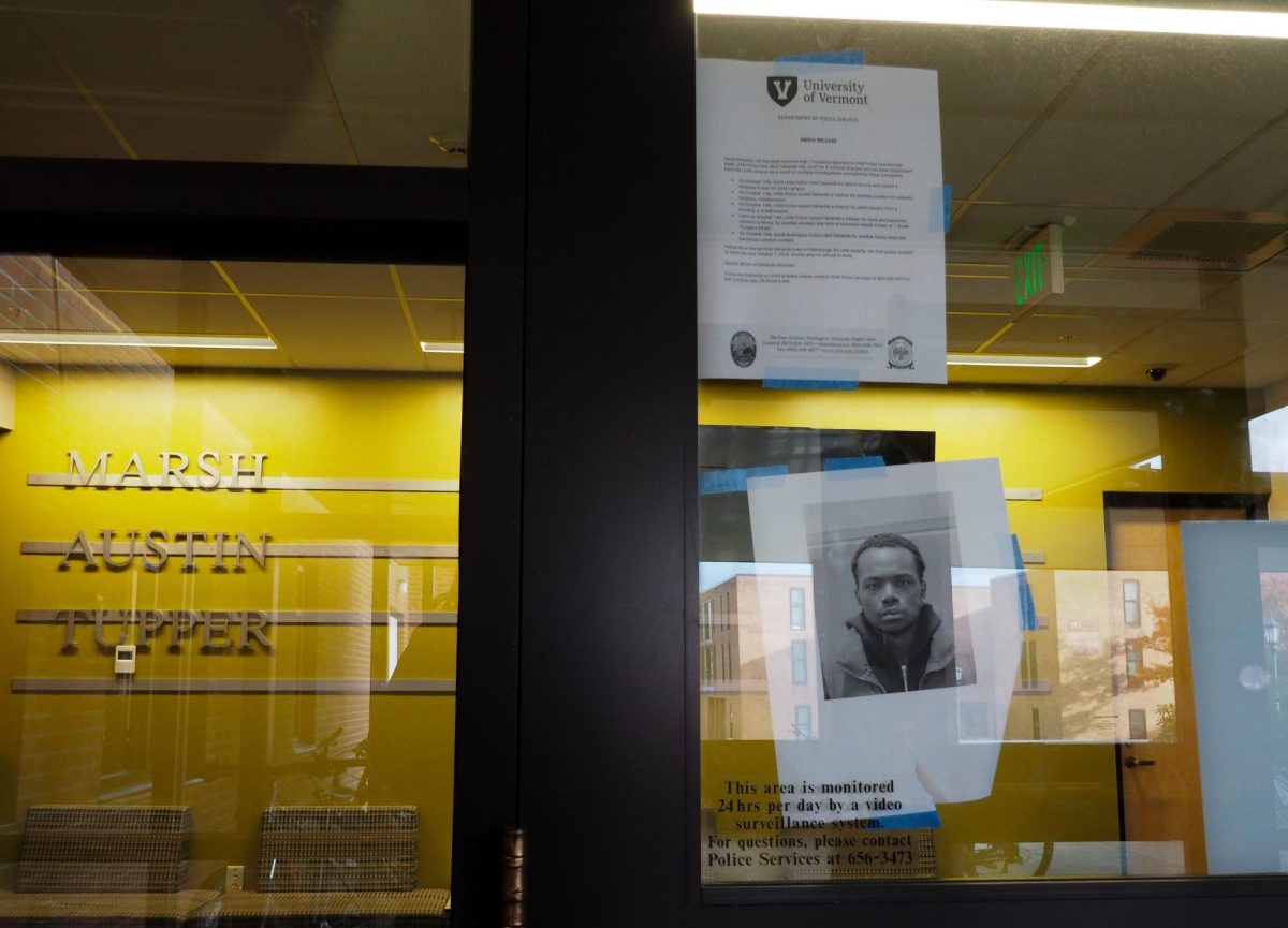 The University hung posters of David Sahande around campus to alert students and remind them to call UVM Police if they see him Oct. 27. 