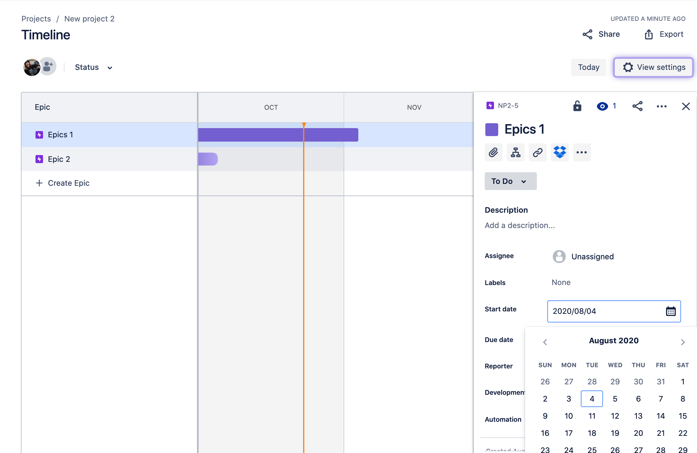 在 Jira Software 的时间线视图中设置长篇故事的开始日期