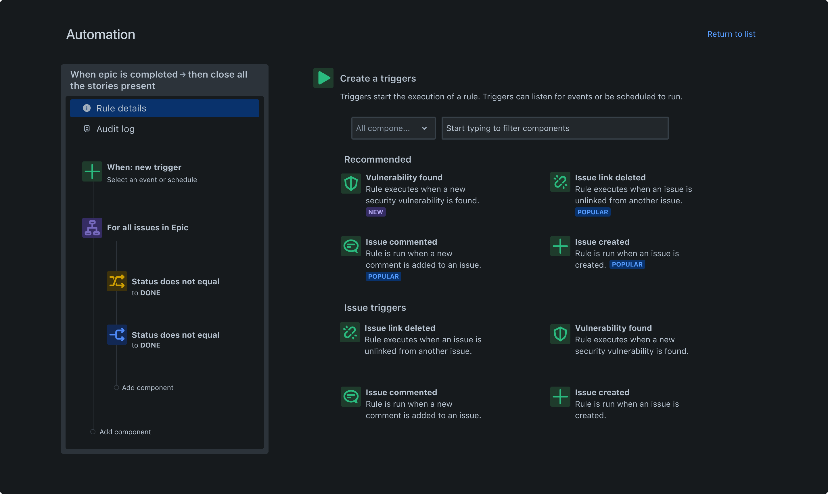 Рабочий процесс автоматизации в Jira. В этом примере автоматизация закрывает все истории в эпике по его выполнении.