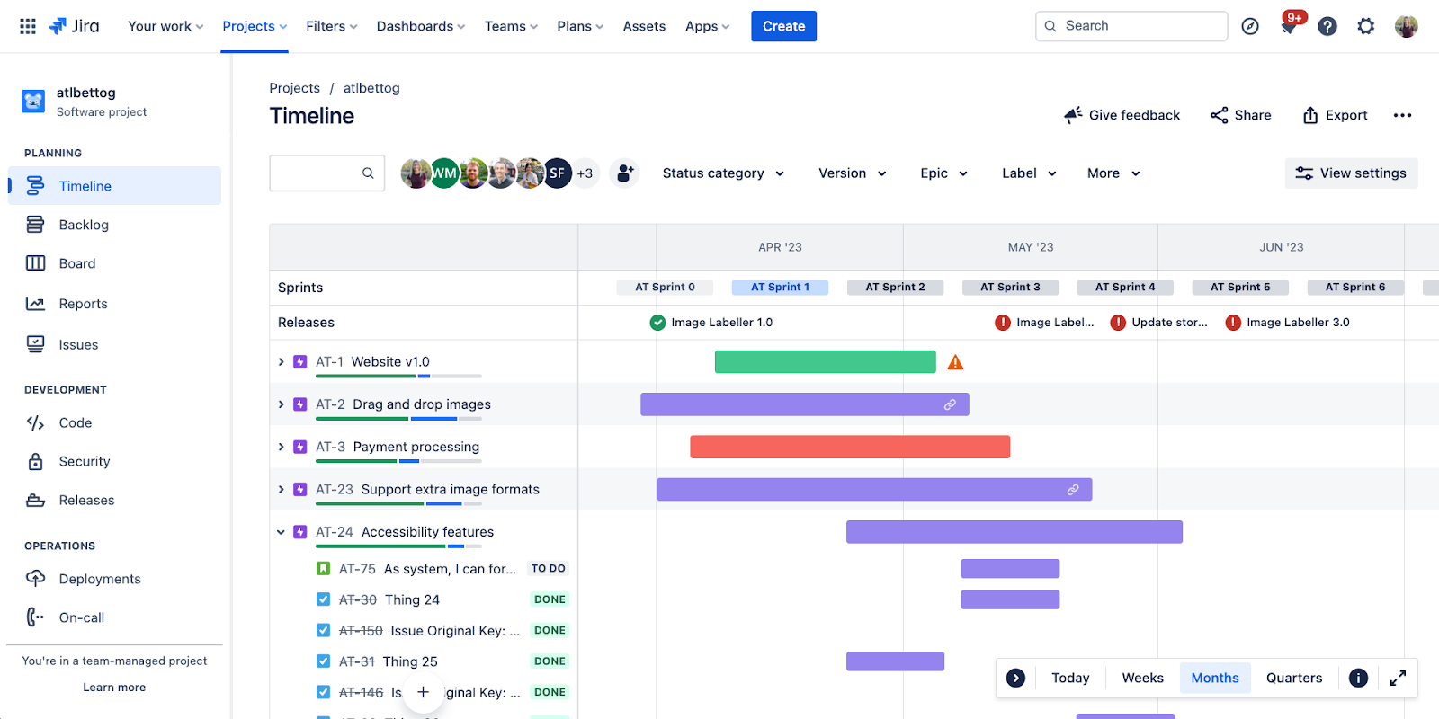 Jira — zrzut ekranu planu działań Agile