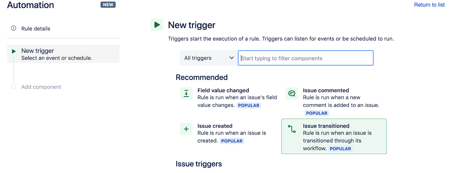 Wybierz wyzwalacz w Jira Software