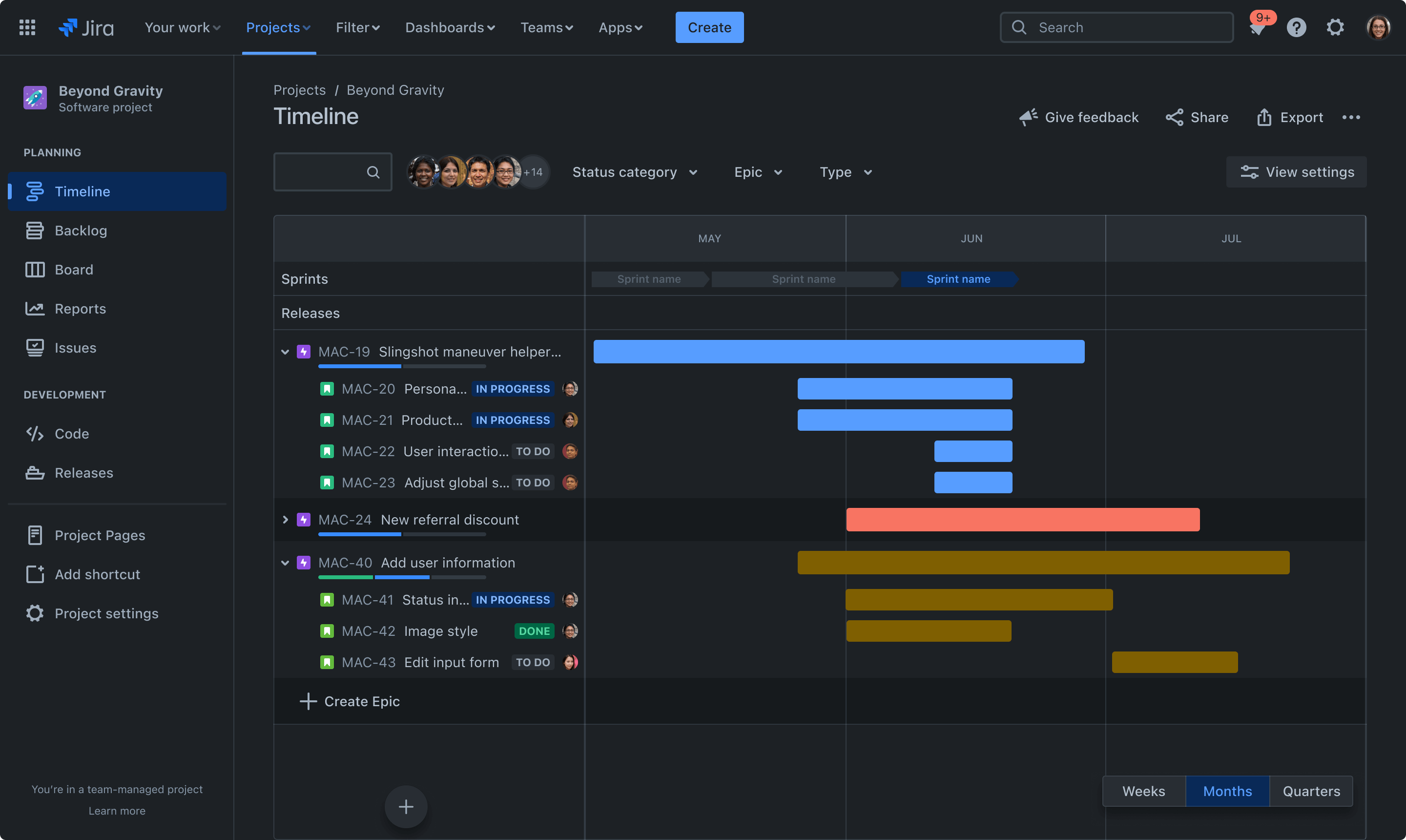 Met de tijdlijnweergave in Jira kunnen gebruikers de voortgang per sprint in weken, maanden of kwartalen bekijken. De status is per categorie gesorteerd in dit voorbeeld.