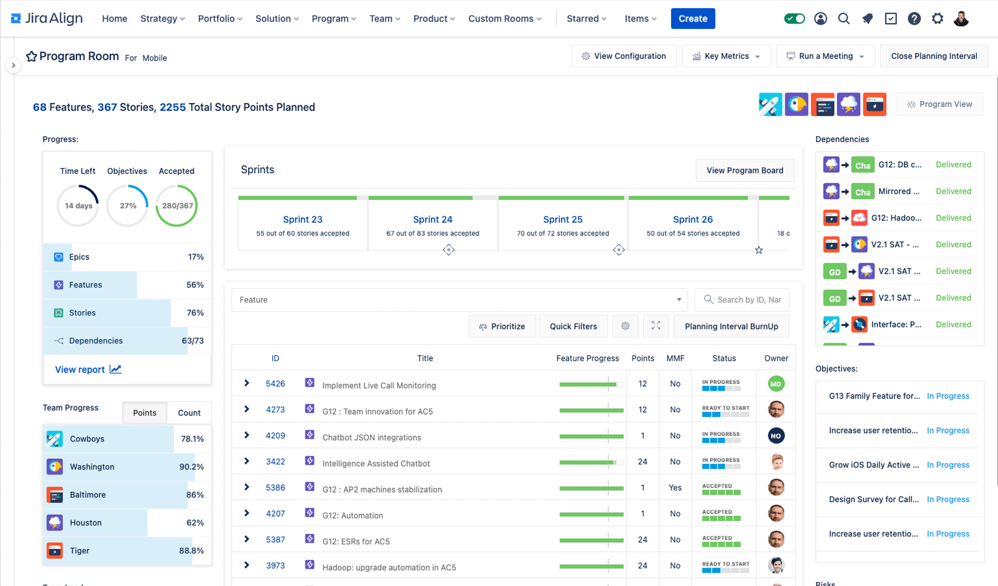 Zrzut ekranu programu Jira Align