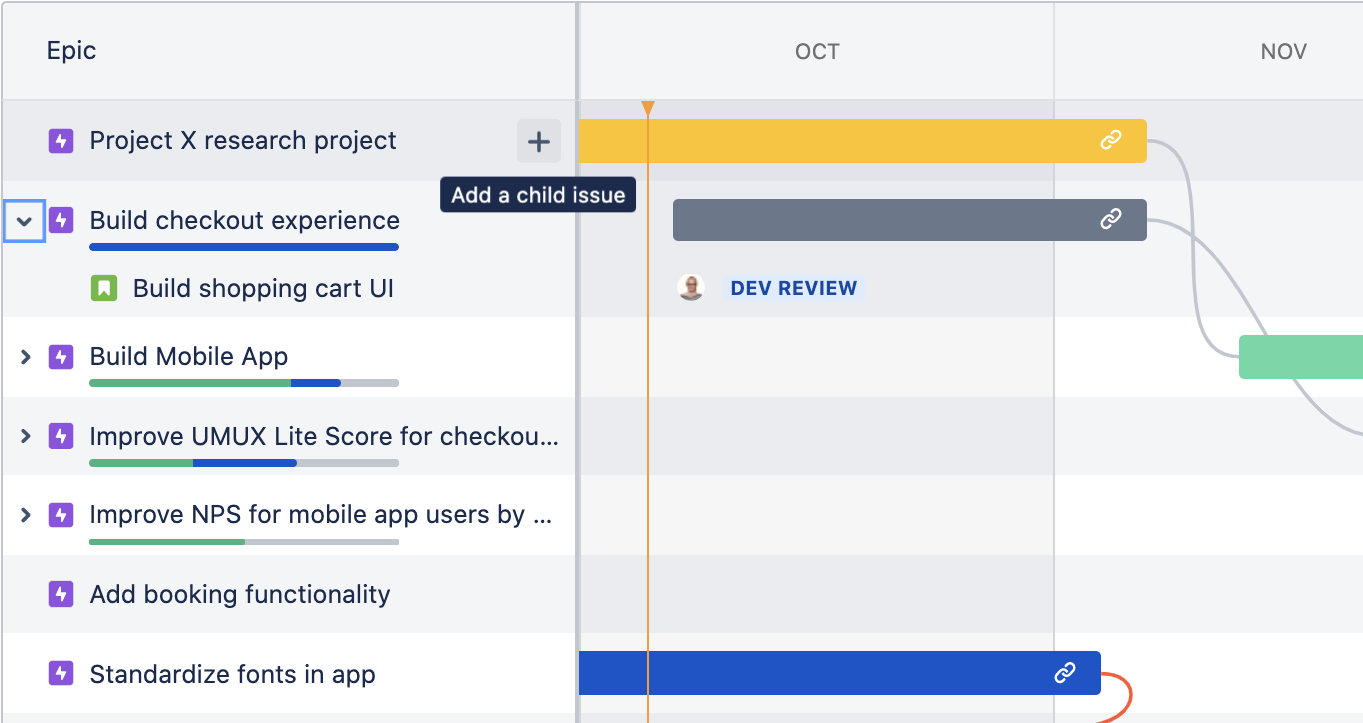 在 Jira Software 的时间线视图中将子事务添加到长篇故事中