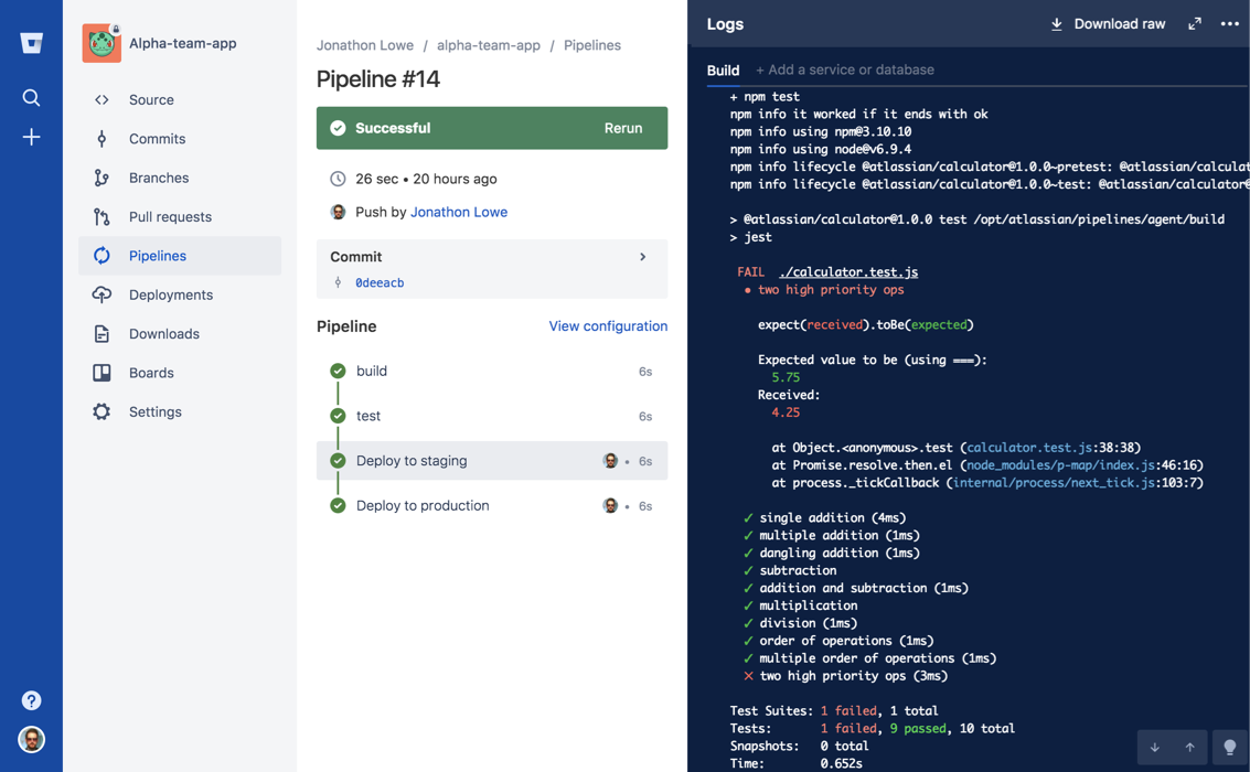 Zrzut ekranu z Bitbucket Pipelines