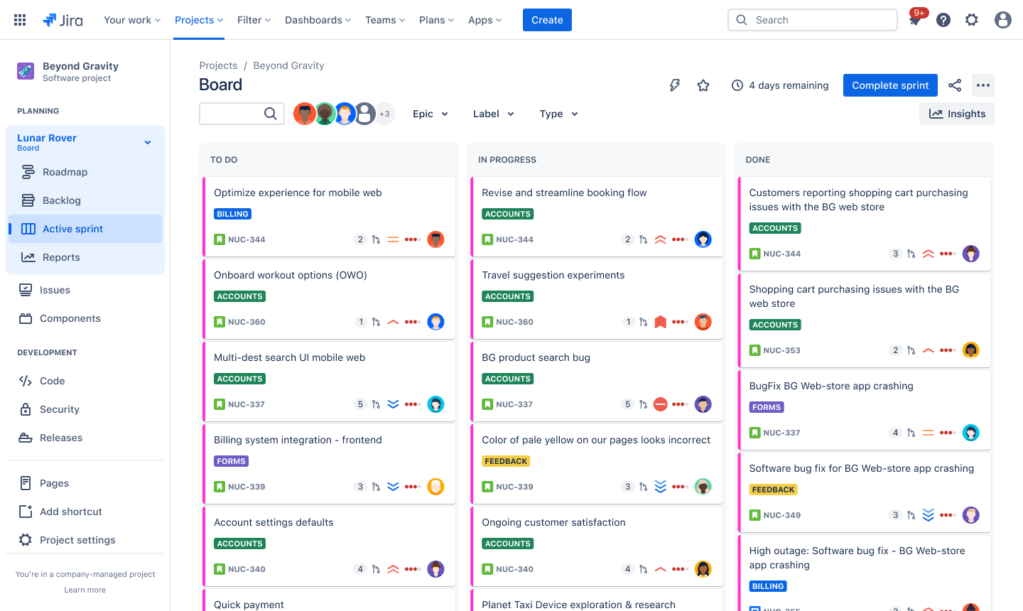 Zrzut ekranu tablicy Jira produktu