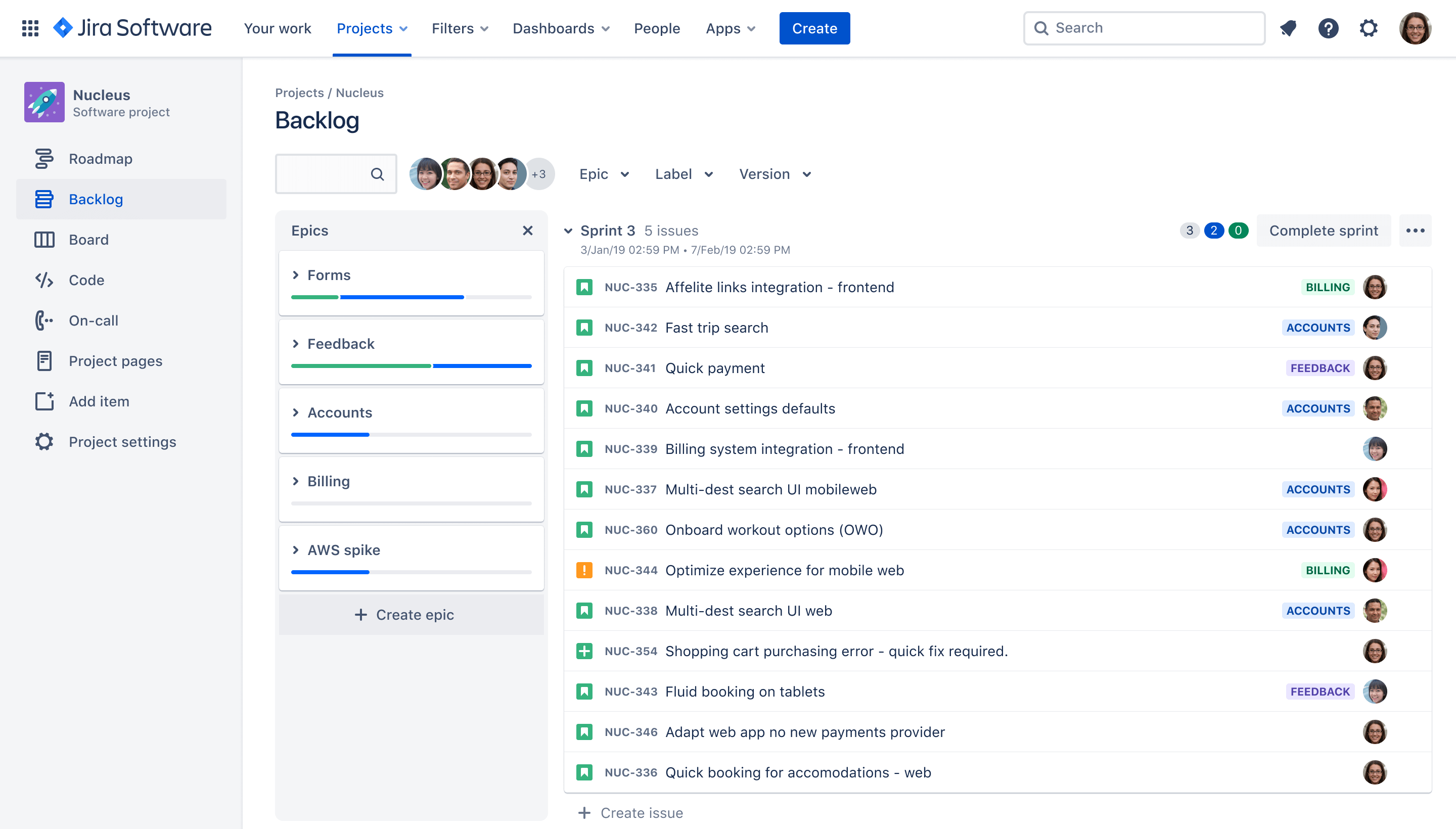 Jira Software — zrzut ekranu szablonu backlogu sprintu