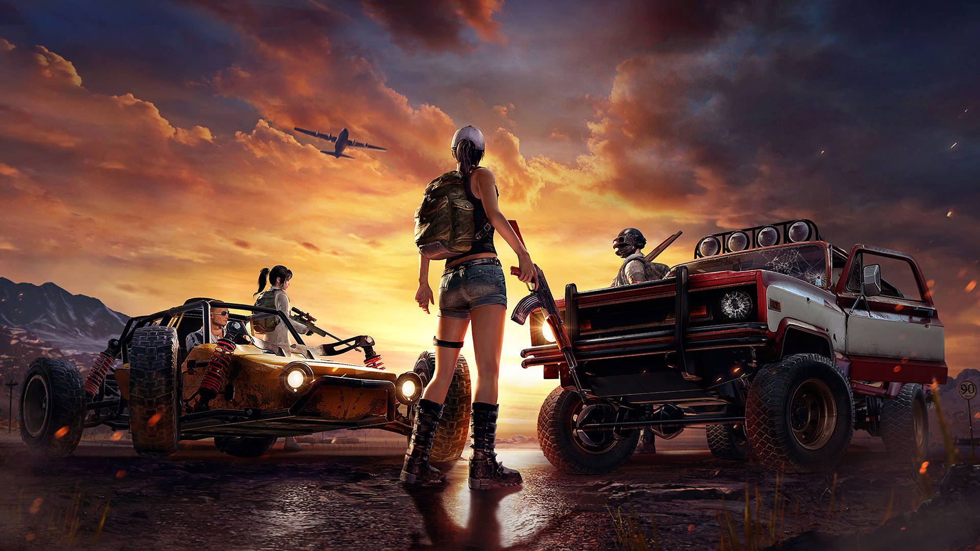 Giocatori Di Battlegrounds Di Playerunknown Con Monster Trucks Sfondo