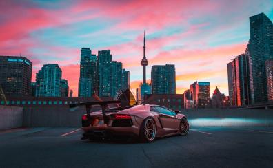 Cityscape, Lamborghini Aventador, sports car