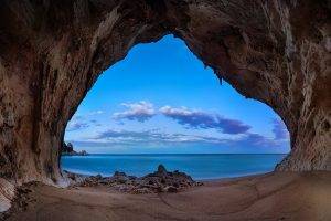 landscape, Nature, Beach, Cave, Sand, Rock, Sea, Clouds, Blue, Morning, Coast