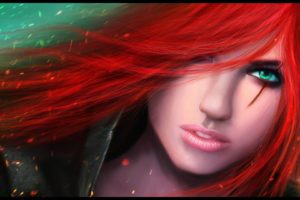 women, Fantasy art, Green eyes, Render, League of Legends, Katarina, Redhead, Hair in face