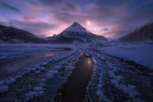 canada, Alberta, Jasper, National, Park, Winter, Snow, Mountains, Night, Moonlight