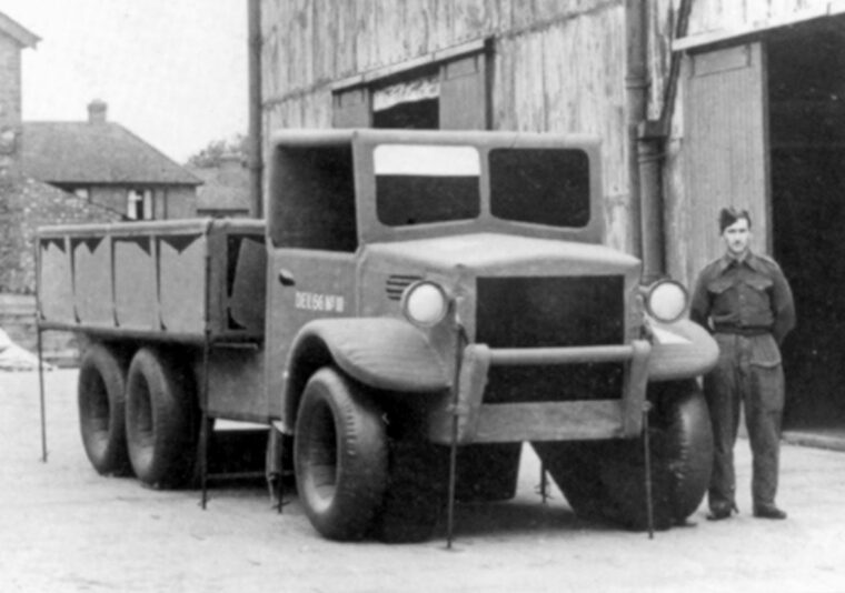 Part of Operation Fortitude, designed to deceive the Germans, this inflatable three-ton truck was one of many placed in marshaling areas in Britain. (National Archives) 