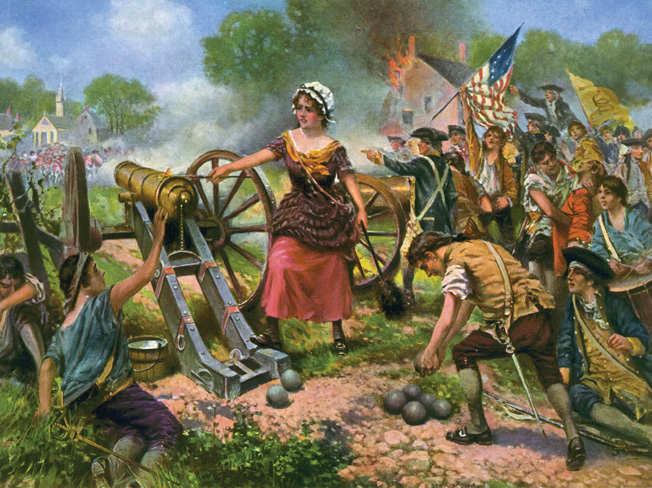 Fanciful painting of Molly Pitcher single-handedly manning a cannon at Monmouth.