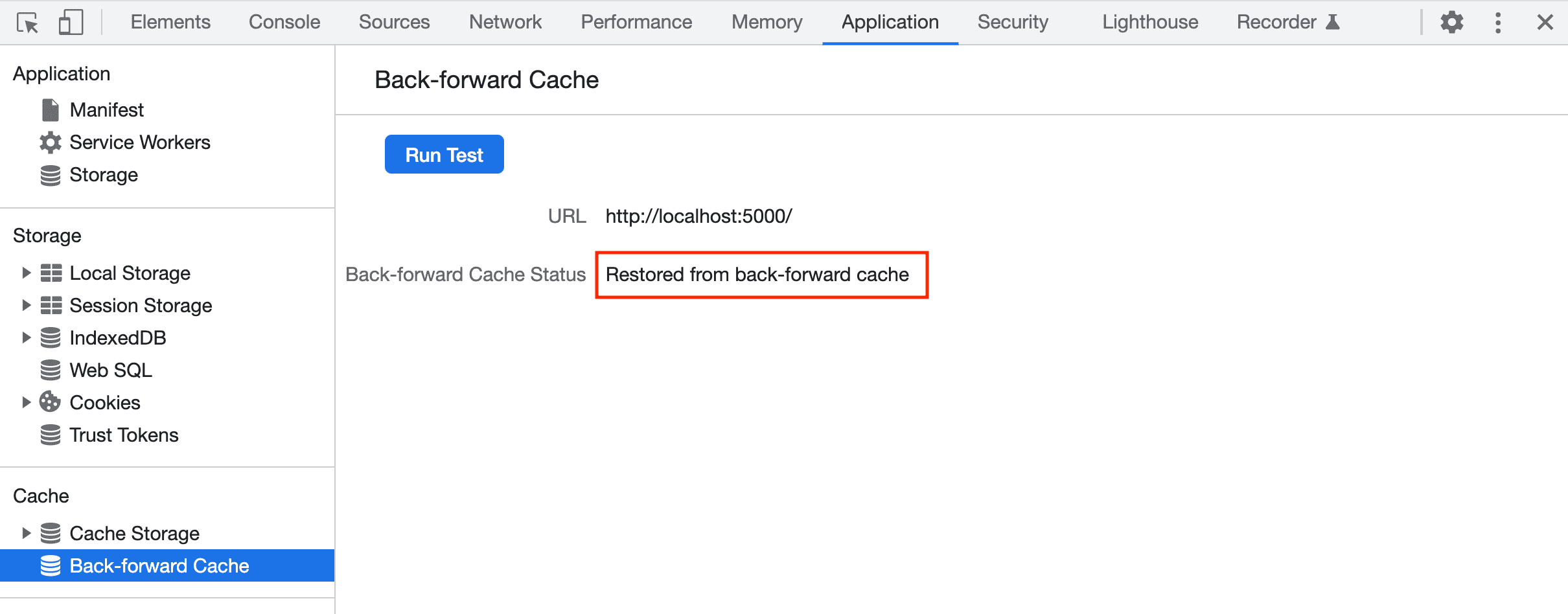 O DevTools informa que uma página foi restaurada do bfcache