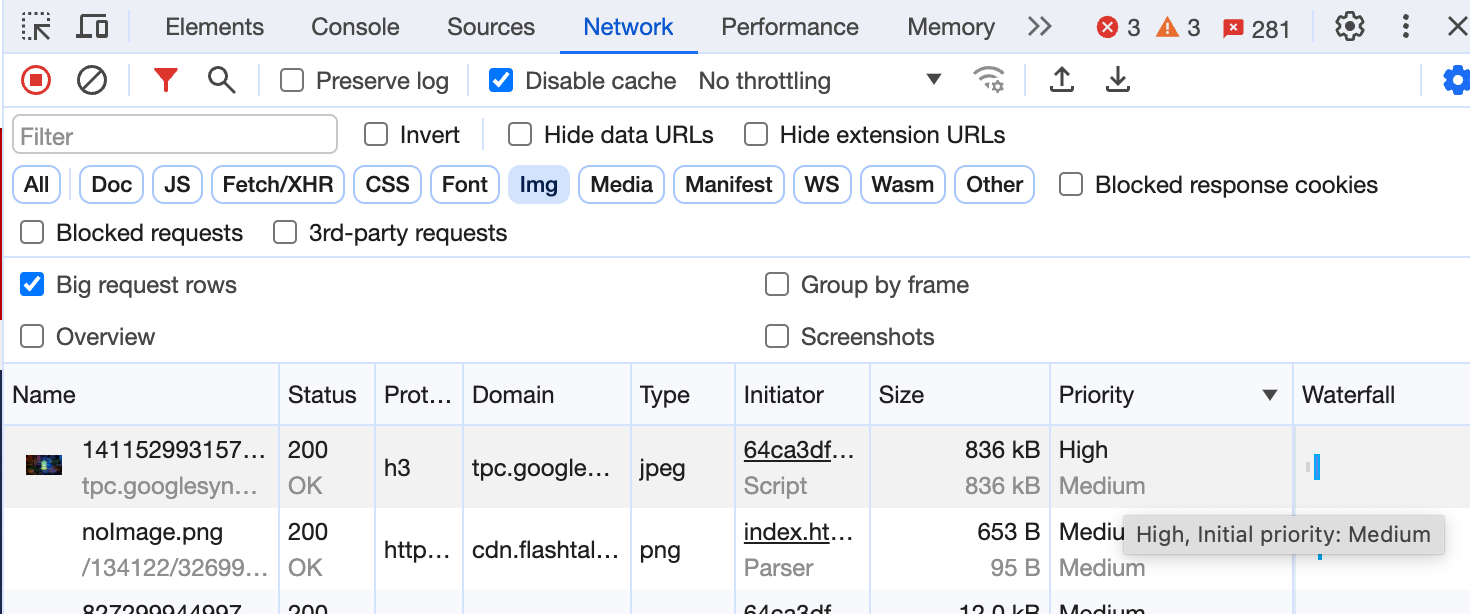 Tab „Netzwerk“ in den Chrome-Entwicklertools. „Große Anfragezeilen“ aktiviert ist und in der Spalte „Priority“ (Priorität) das erste Bild mit der Priorität „Hoch“ und darunter eine andere Anfangspriorität von „Medium“ angezeigt wird. Entsprechendes wird in der Kurzinfo angezeigt.