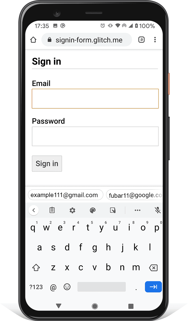 Captura de tela de um formulário de login em um smartphone Android: o botão &quot;Fazer login&quot; não é obscurecido pelo teclado do smartphone.