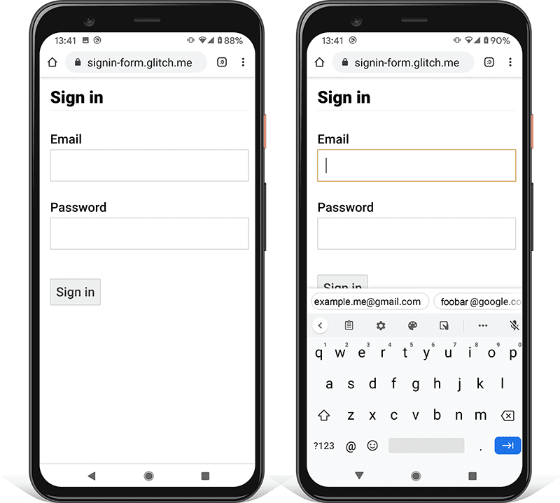 Zwei Screenshots eines Anmeldeformulars auf einem Android-Smartphone: Auf einem ist zu sehen, dass die Schaltfläche „Senden“ von der Smartphone-Tastatur verdeckt wird.