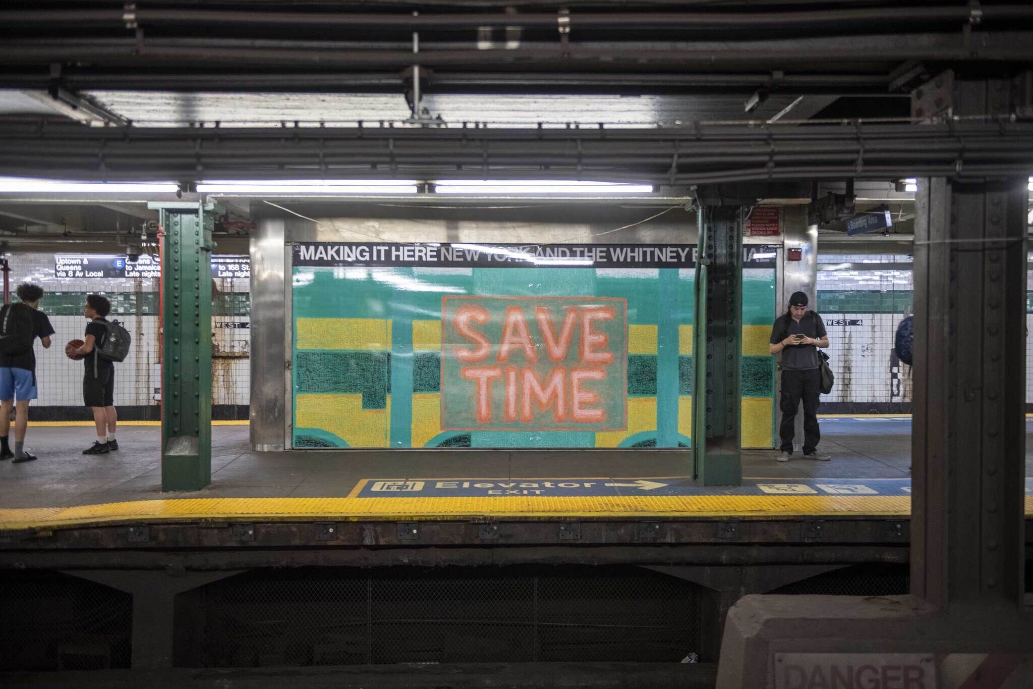 Subway platform with a "SAVE TIME" sign, two people talking on the left, and one person using a phone on the right.