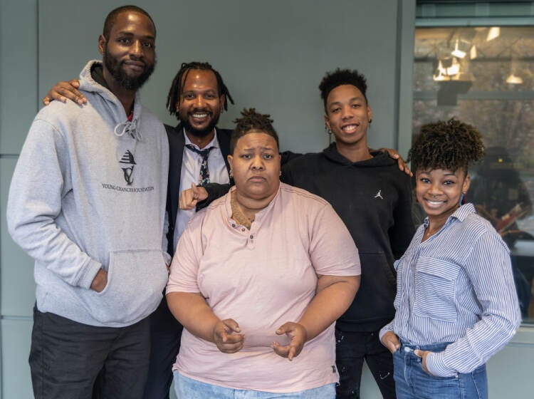 Tyrique Glasgow, Adam Geer, Taahzje Ellis (top) join Ajourdi Hargrove and Diamond Walker (bottom) for a roundtable conversation about solutions to gun violence. (Kimberly Paynter/WHYY