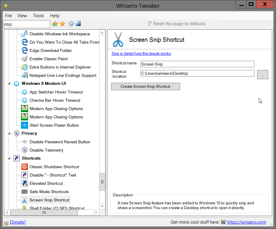 Winaero Tweaker Screen Snip Shortcut