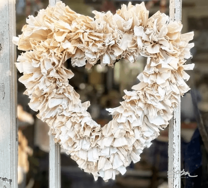 DIY Heart Rag wreath made from tea-dyed fabric.