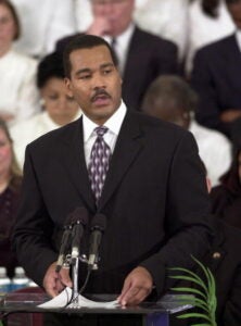 Dexter Scott King, son of slain civil rights leader Rev. Martin Luther King Jr., speaks during the Martin Luther King Jr. Commemorative Service at the Ebenezer Baptist Church January 20, 2003 in Atlanta, Georgia.