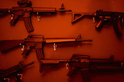 Numerous Assault Rifles Hanging On Wall.