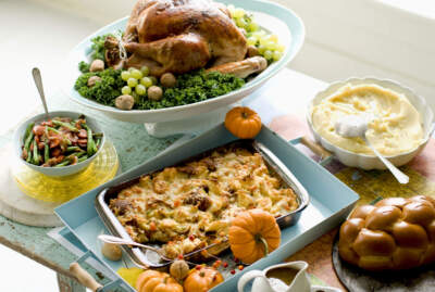 Plain Jane turkey and gravy, cheesy stuffing, buttery mashed potatoes, sweet and sour glazed carrots, and green beans are shown in Concord, New Hampshire. (Matthew Mead/AP)