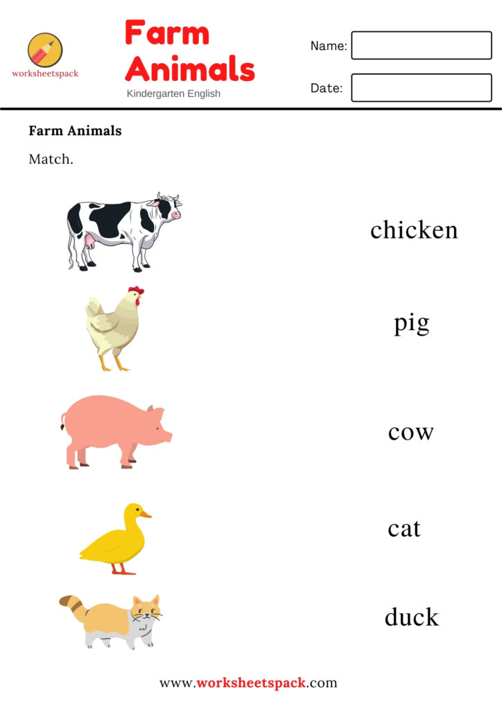 Farm Animals Worksheets (Matching Printable) - worksheetspack