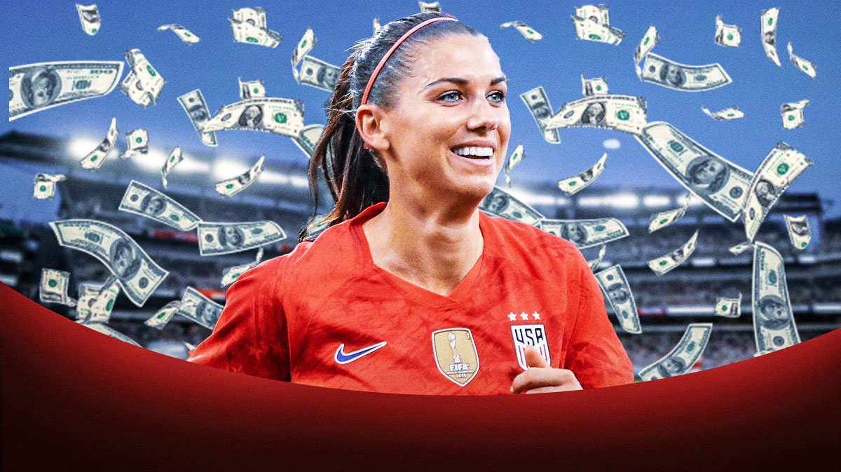 Alex Morgan with money raining down around her to symbolize her net worth.