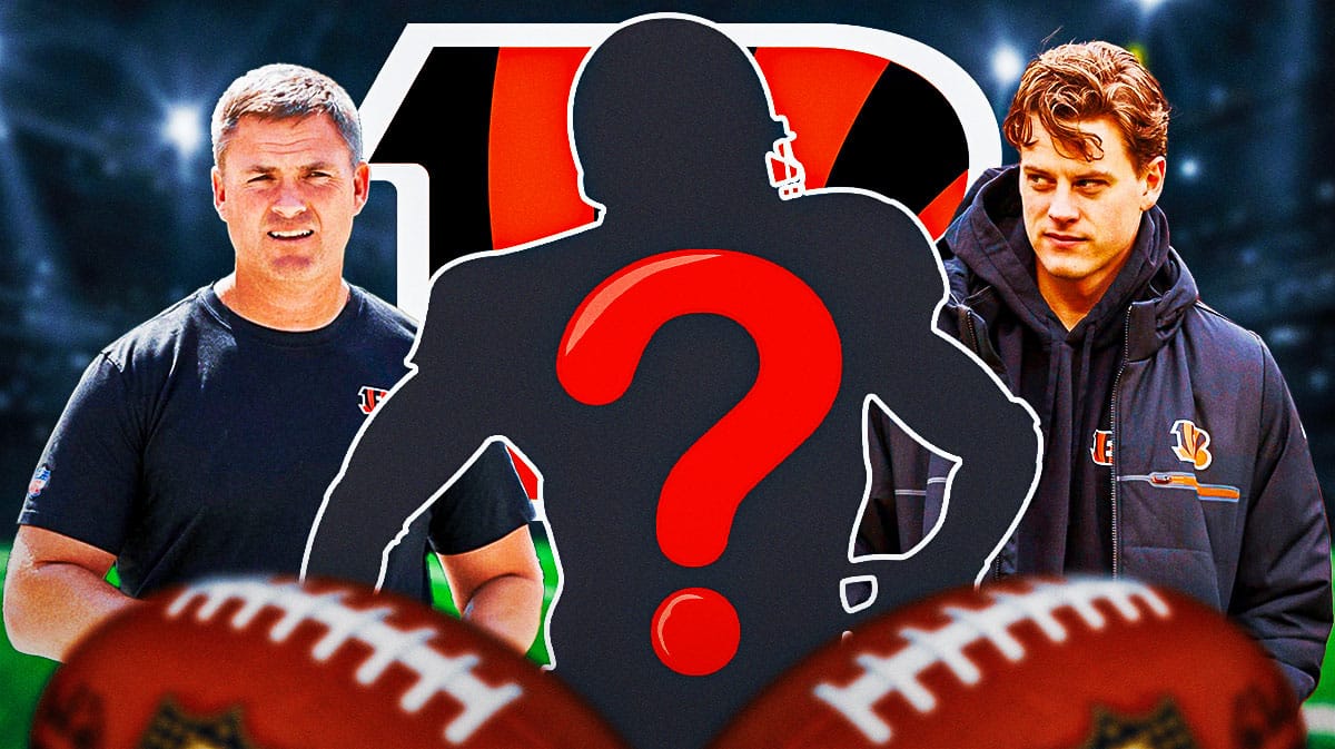 Cincinnati Bengals head coach Zac Taylor with QB Joe Burrow and a silhouette of an American football player with a big question mark emoji inside. There is also a logo for the Cincinnati Bengals.