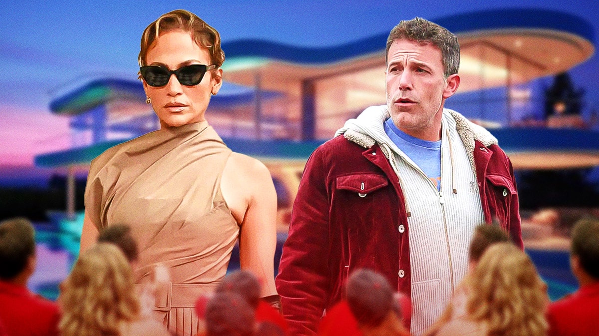 Jennifer Lopez and Ben Affleck with a mansion behind them