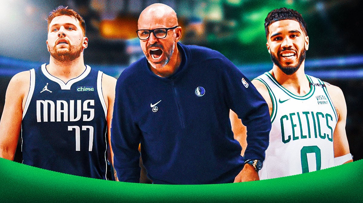 Mavericks' Luka Doncic and Jason Kidd with Celtics' Jayson Tatum