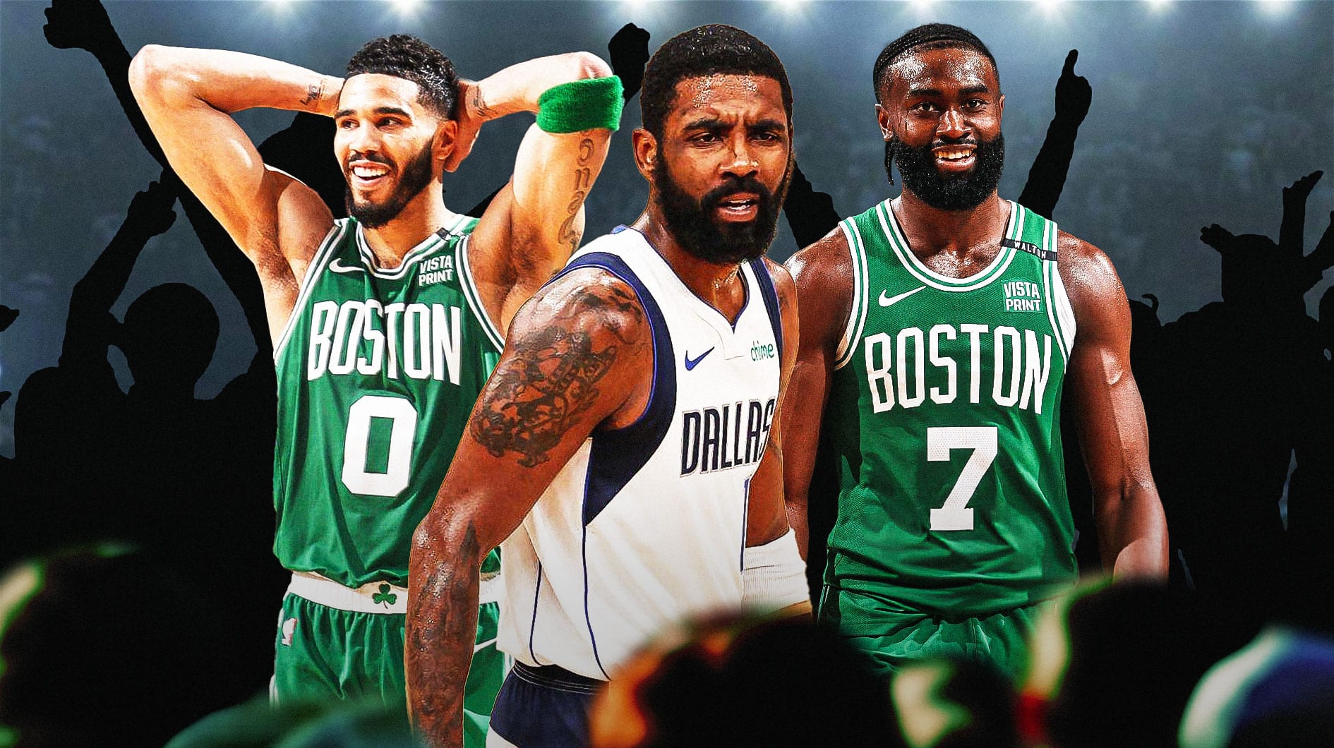 Mavericks' Kyrie Irving with Celtics' Jayson Tatum and Jaylen Brown