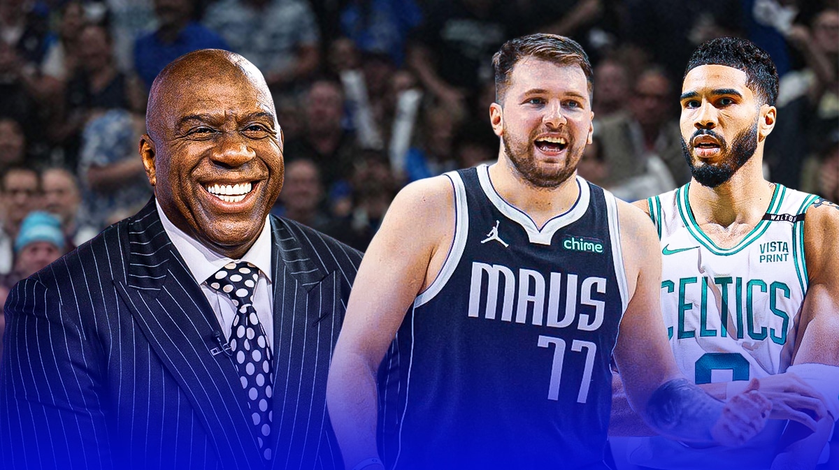 Magic Johnson with Mavericks' Luka Doncic and Celtics' Jayson Tatum