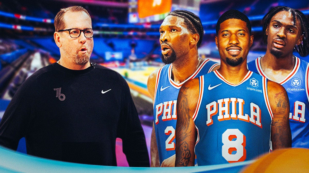 76ers' Nick Nurse, Joel Embiid, Paul George and Tyrese Maxey