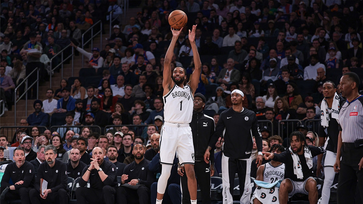  Brooklyn Nets forward Mikal Bridges (1) makes a three-point basket during the first half against the New York Knicks at Madison Square Garden.