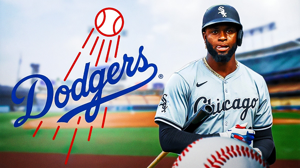 Chicago White Sox outfielder Luis Robert Jr. on right side, LA Dodgers logo on left side, question marks around them, Dodger Stadium in background