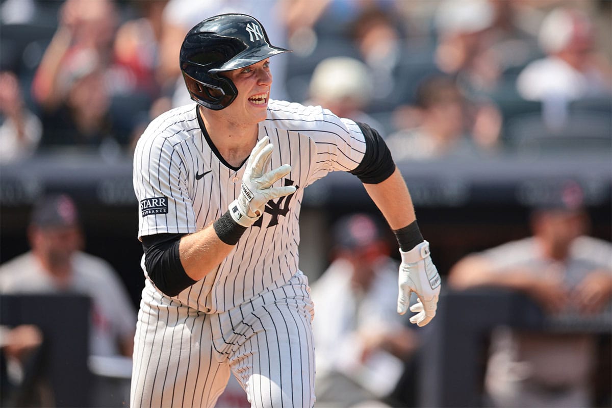 New York Yankees first baseman Ben Rice (93) looks up at his third home run of the game, a three run home run during the seventh inning against the Boston Red Sox at Yankee Stadium.