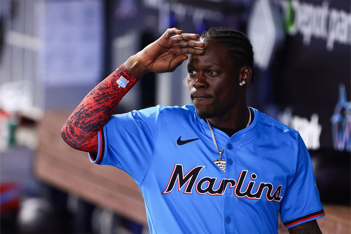 Miami Marlins designated hitter Jazz Chisholm Jr. (2) salutes from the dugout after the game against the New York Mets at loanDepot Park.