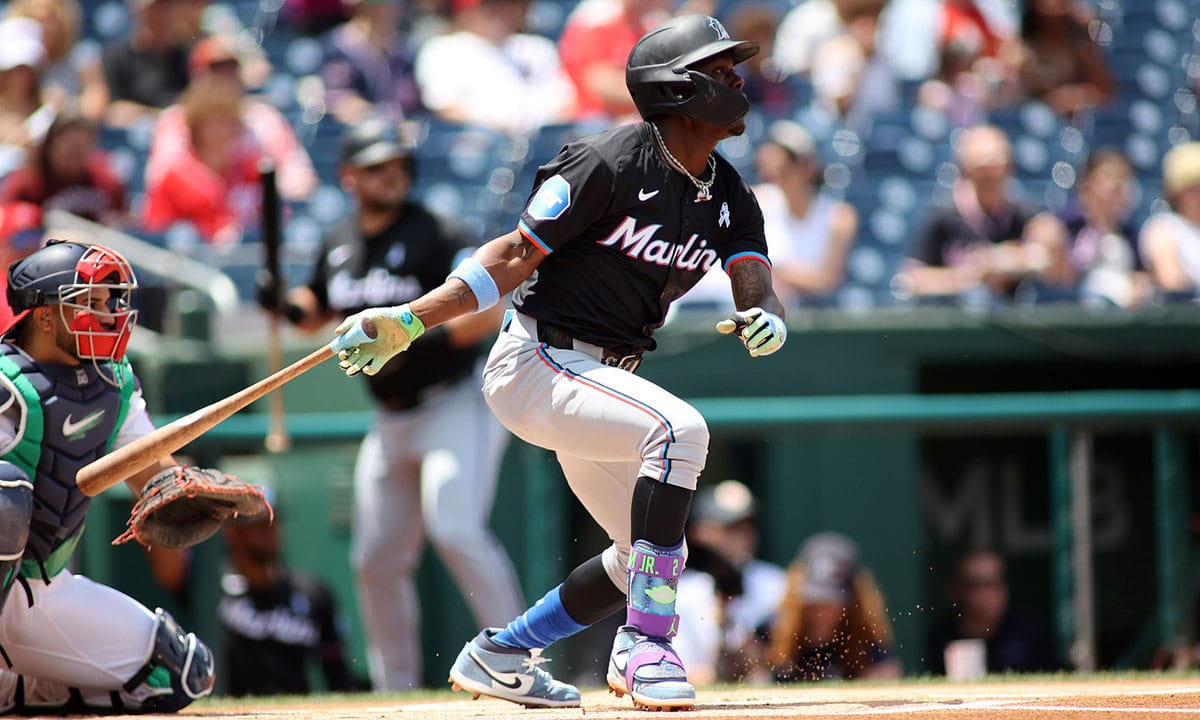 District of Columbia, USA; Miami Marlins outfielder Jazz Chisholm Jr. (2) singles during the first inning in a game against the Washington Nationals at Nationals Park. 