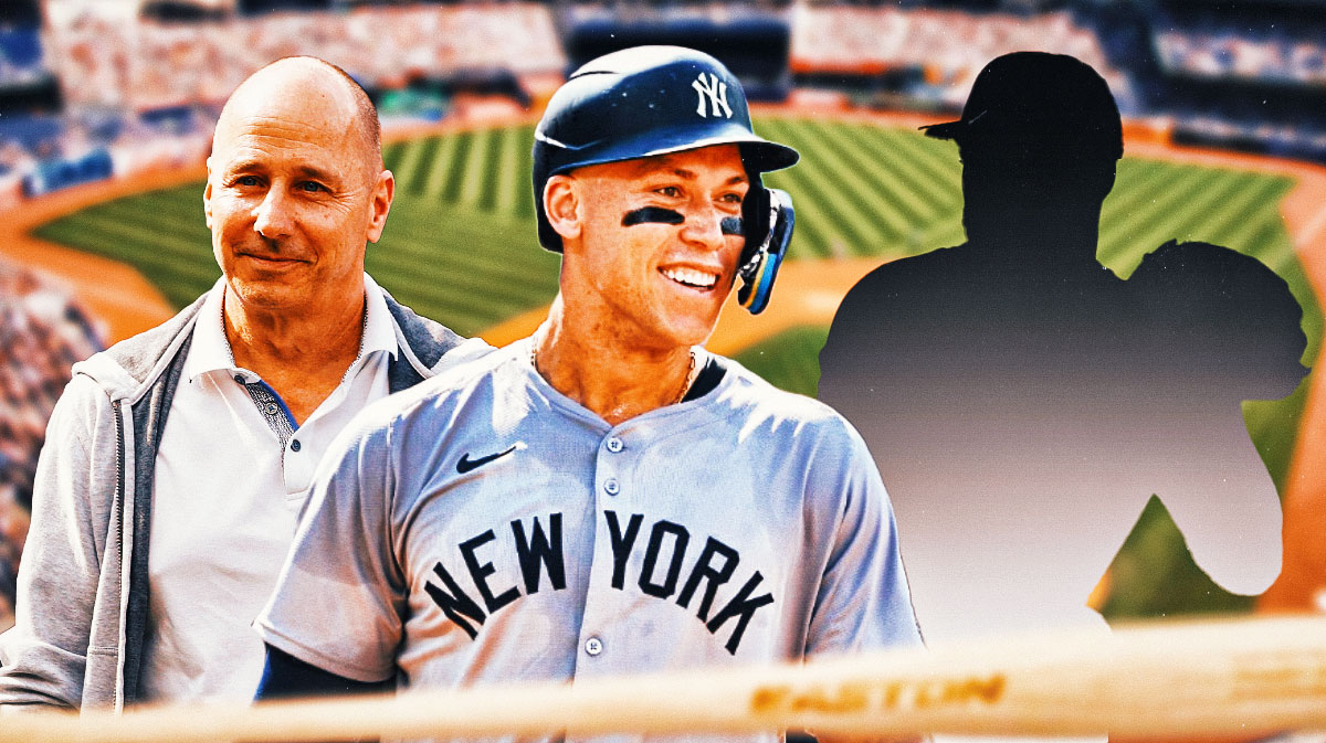 On left, Yankees Brian Cashman, Yankees Aaron Judge smiling. On the right, place the silhouette of Marlins Tanner Scott pitching a baseball.