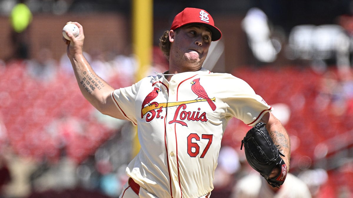  St. Louis Cardinals pitcher Gordon Graceffo (67) makes his MLB Debut throwing against the Cincinnati Reds during the fifth inning at Busch Stadium.